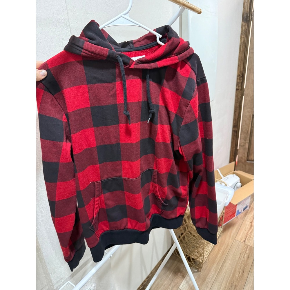 Old Navy Mens Medium Buffalo Plaid Hoodie Red Black Lumberjack Fall Flannel